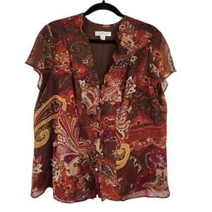 Coldwater Creek Brown Maroon Semi-Sheer Button Down Blouse Floral Paisley XL